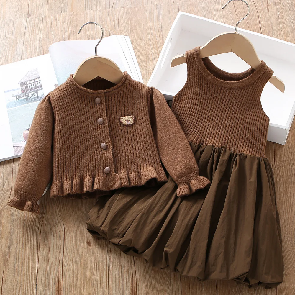 korean-spring-autumn-children-clothes-girl-cute-cartoon-solid-color-knitted-vest-dress-cardigan-two-piece-set-kids-birthday-gift
