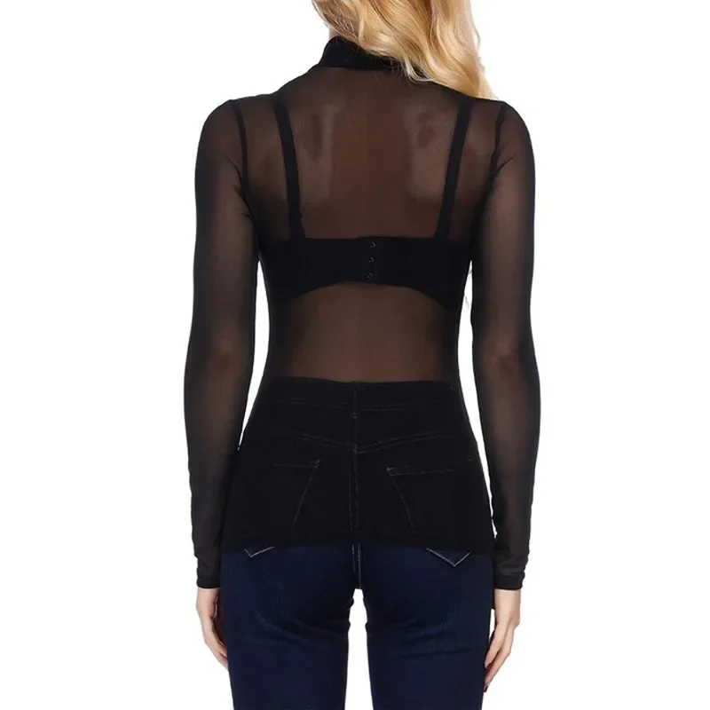 2024 Women's Sexy Long Sleeved Mesh Lace High Neck Perspective Top Perspective Women's Underlay Four Seasons New Style YDL20
