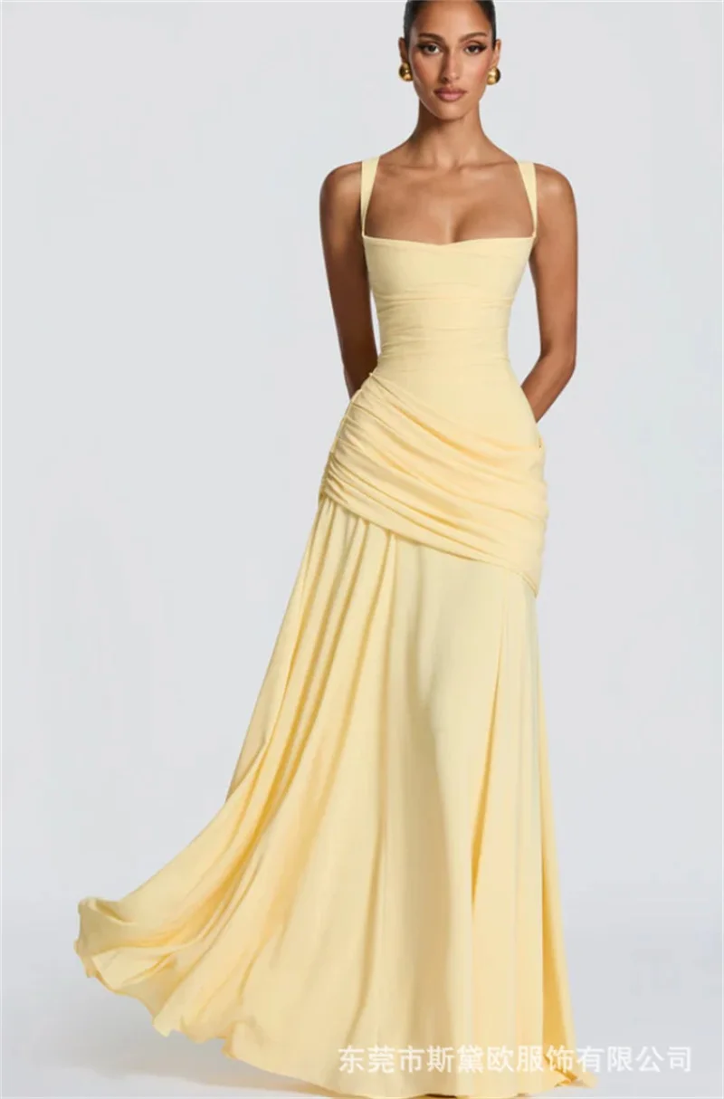 

Yellow Ruffles Prom Dress Sexy Stripe Sleeveless Lace Up Back Sheath Long Gown Formal Wedding Guest Birthday Evening Robe