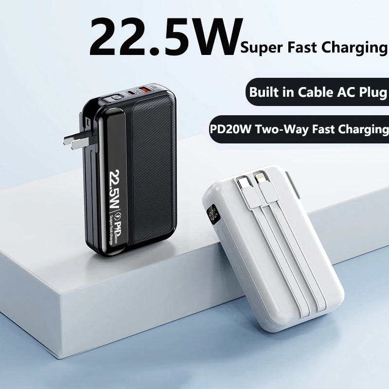 

Power Bank 20000mAh With Cable Plug Wall Charger 22.5W Fast Charging Powerbank for iPhone Samsung Huawei Xiaomi External Battery