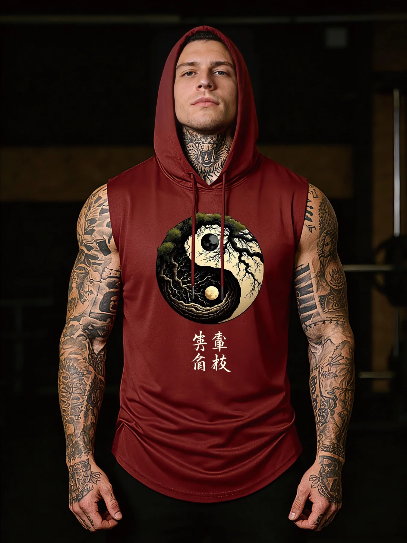 Men's Sleeveless Hooded Vest with Large Yin Yang Tai Chi Front Print,Eastern Philosophy Style for Daily Streetwear