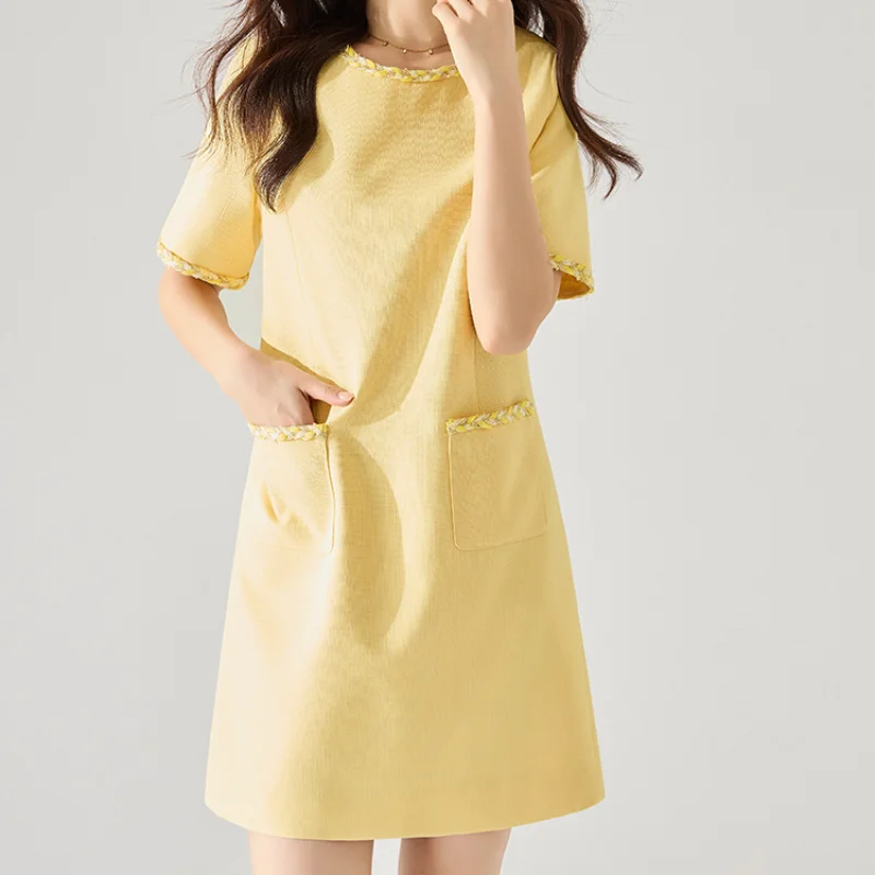 

French Simple Small Fragrance Dress Women Fashion O Neck Short Sleeve A Line Elegant Tweed Office Yellow Short Dress Female