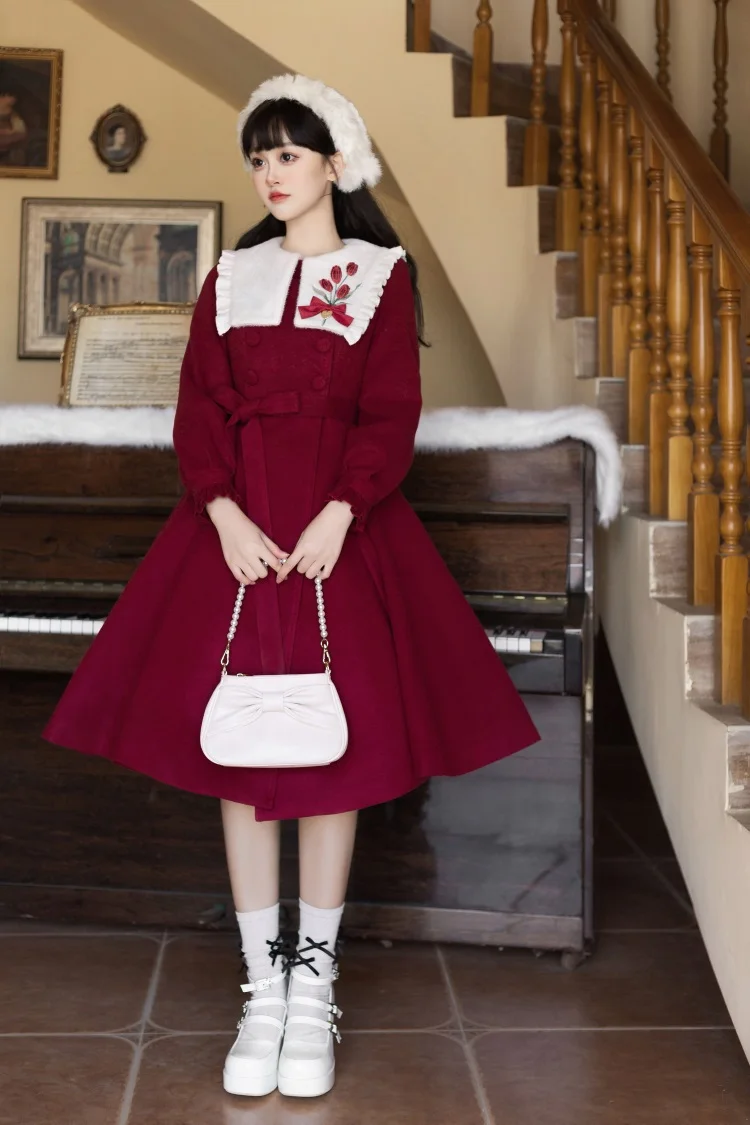 Autumn And Winter Tulip Embroidery Long Sleeve Coat Lolita Red And White Slim-fit All-match Dress Puff Sleeve Elegance Sweet