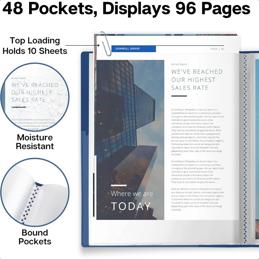 Raccoglitore con buste in plastica Libro di presentazione blu da 48 tasche Cartella portfolio 8,5 x 11 con fogli trasparenti Protezioni Display 96Pa