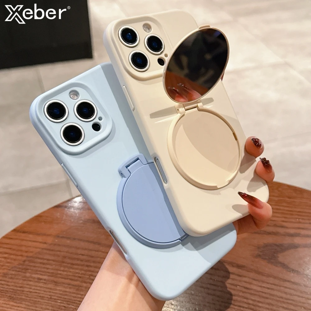 الفاخرة مرآة الوجه حامل حامل قوس الحال بالنسبة آيفون 16 14 15 برو ماكس زائد 13 12 11 السائل سيليكون لينة غطاء مقاوم للصدمات #1