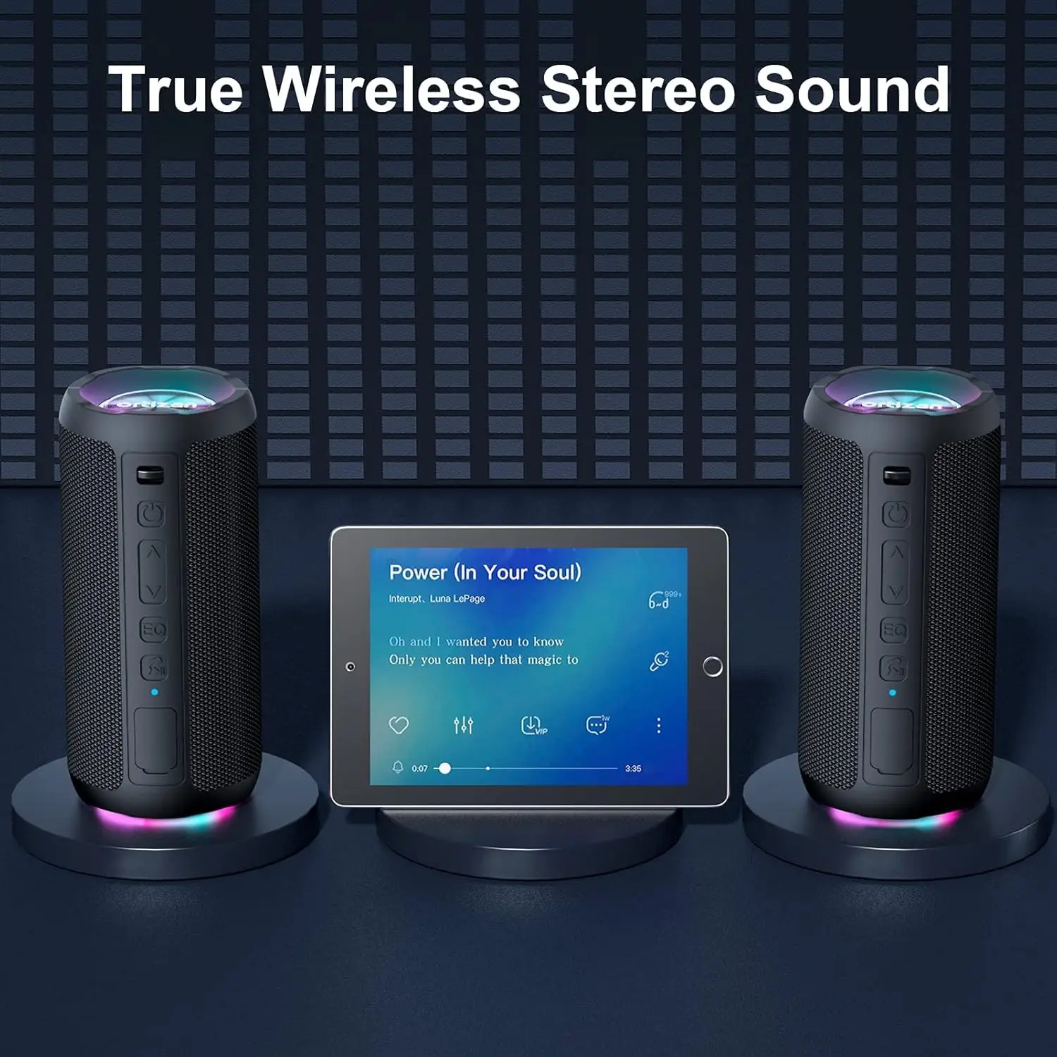 Ortizan Bluetooth Lautsprecher mit Licht, Musikbox Tragbarer Bluetooth Box mit IPX7 wasserdicht, Dualen Bass-Treibern, 30h Akku, Freisprechfunktion für Phone, Draußen, Beidhändig Schwarz – Detail 11