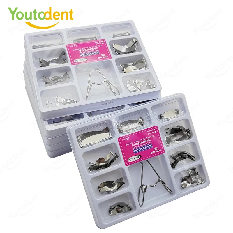 Dental Sectional Matrix Bands Set Autoclavable Stainless Steel Contoured Matrices with Matrix Spring Clip for Dental Restoration