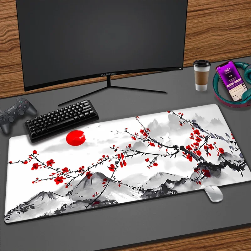 Japanese Style Mount Fuji Cherry Blossom Sakura Mouse Pad Gamer XL Large Mousepad XXL 90X40 Desk Mats Keyboard Rubber Table Mat