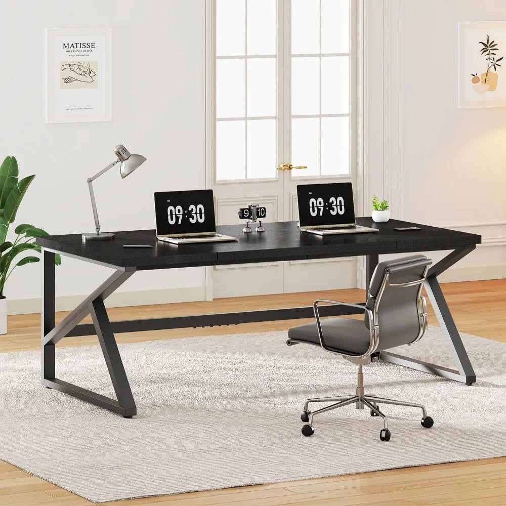 

Long Black Computer Desk, Large Executive Office Desk for 2 People Work Writing Study, 70 Inch Industrial Metal Wood Dual Mo