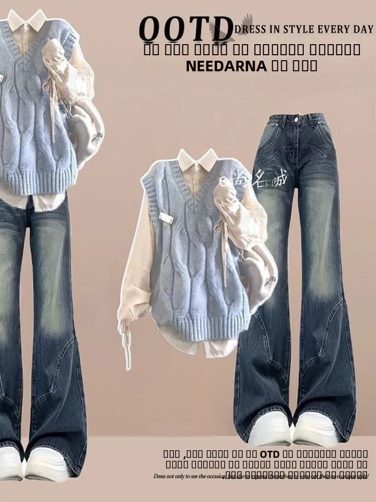 

Ранняя осень 2024, женский вязаный жилет, комплект из двух предметов, дизайн с завязками, повседневная модная студенческая одежда, полиэфирная ткань