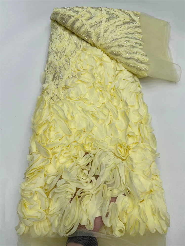

Luxury 3D Flower Lace Fabric Latest Sequins Tulle Lace Fabric Embroidered Applique Nigerian Beads Fabric for Dresses Sewing