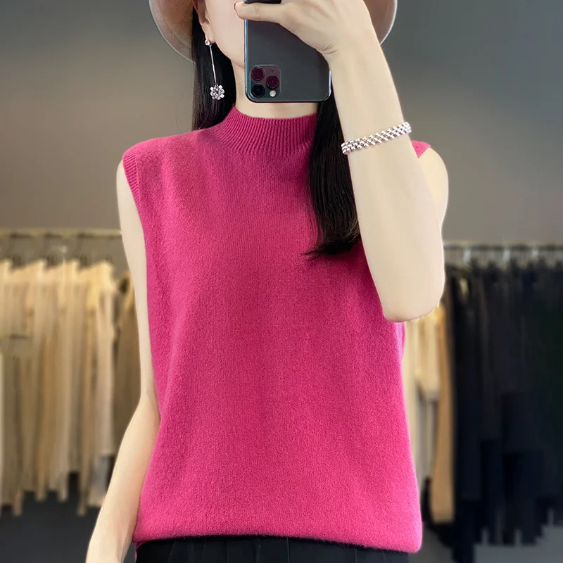 Suéter sin mangas de lana merina pura de 100% para primavera, otoño y verano para mujer, Sudadera con capucha de punto con cuello medio alto, Top de gama alta de Color sólido