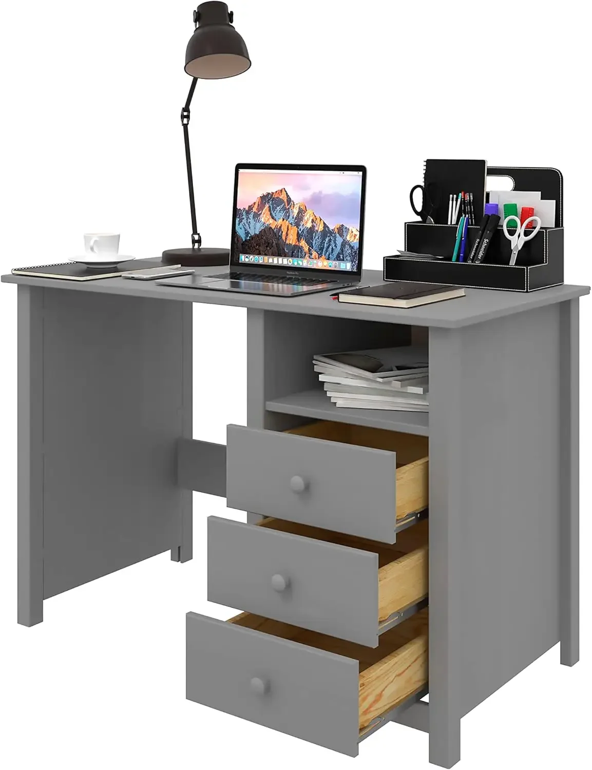 Desk Solid Wood Grey - Versatile Desk Ideal for Home Office, Study, or Vanity, with Convenient Storage