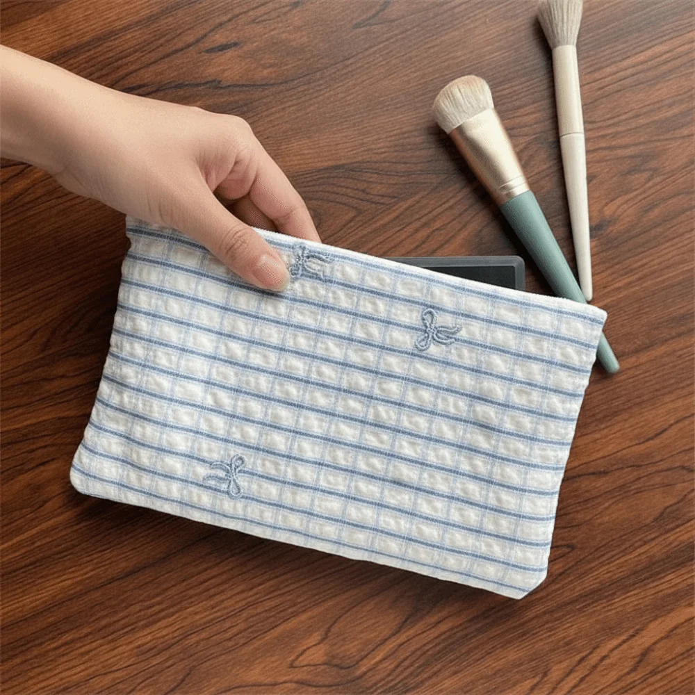 Classic Stripes Makeup Pouch Embroidered Pattern Smooth Zipper Cosmetic Organizer Compact Size Lightweight Toiletry Bag