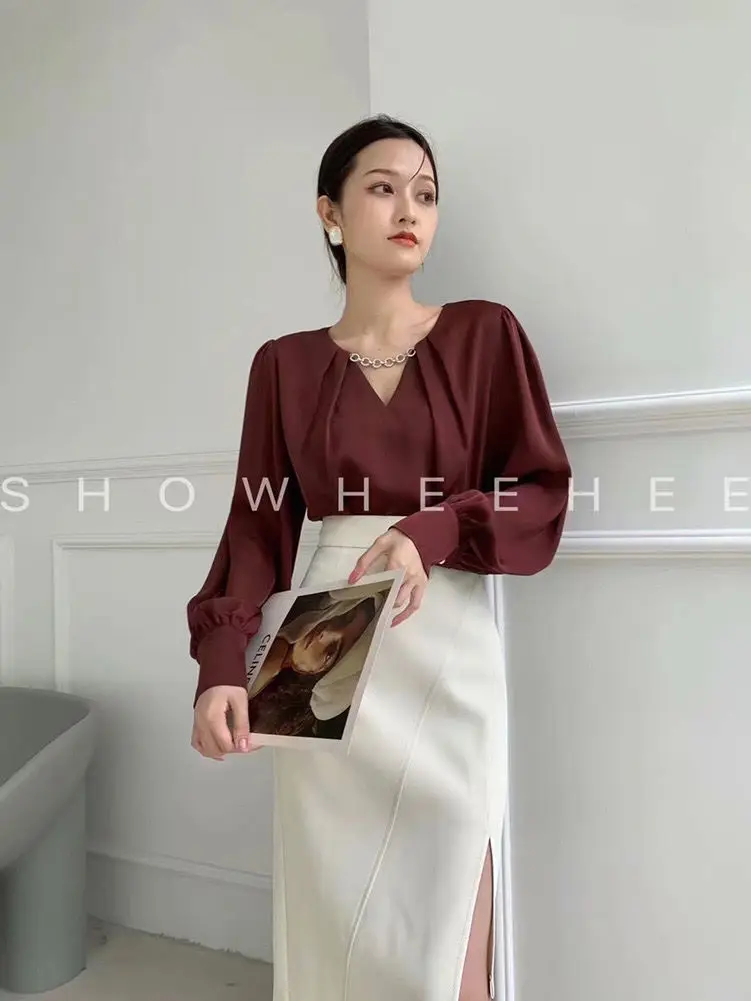 Korea V-Neck Chain Chiffon Women'S Blouse Simple Office Shirt Long Sleeve Casual Tops Korean OL O-Neck Loose Blouses Women