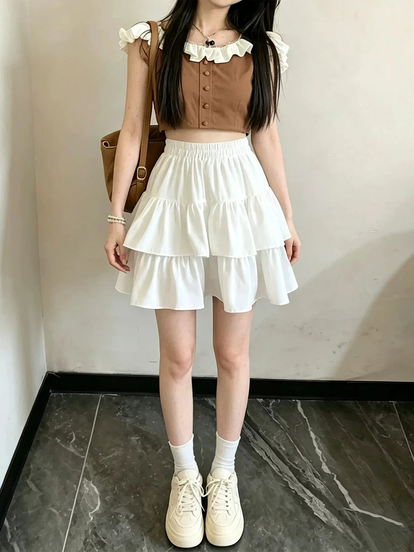 White Lace Hem Cake Skirt Women's Summer Anti-Light High Waist A-Line Puffy Skirt Super Sweet Mid-Length  Skirt