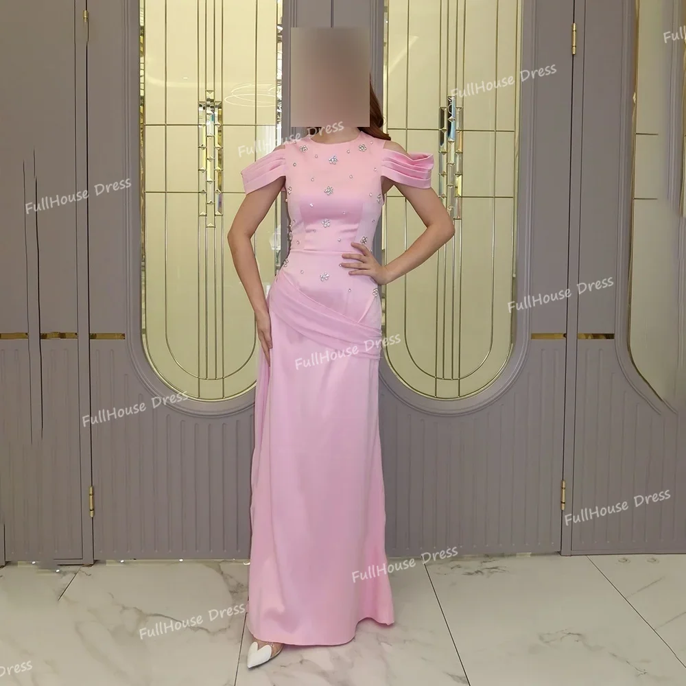 Custom Made Elegant Pink O-neck Pleated Sexy Sheath Evening Gown Lace up Back Floor Length Prom Dress Beaded Crystal