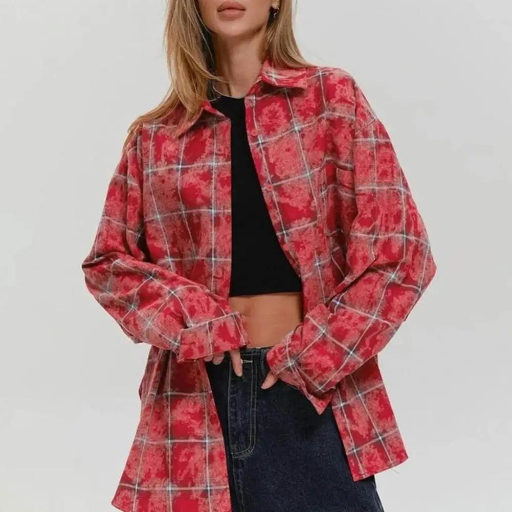 Long-sleeve Shirt Retro Long-sleeve Shirt Stylish Women\'s Plaid Print Shirt Jacket for Casual Daily Wear Retro Long Sleeve Lapel