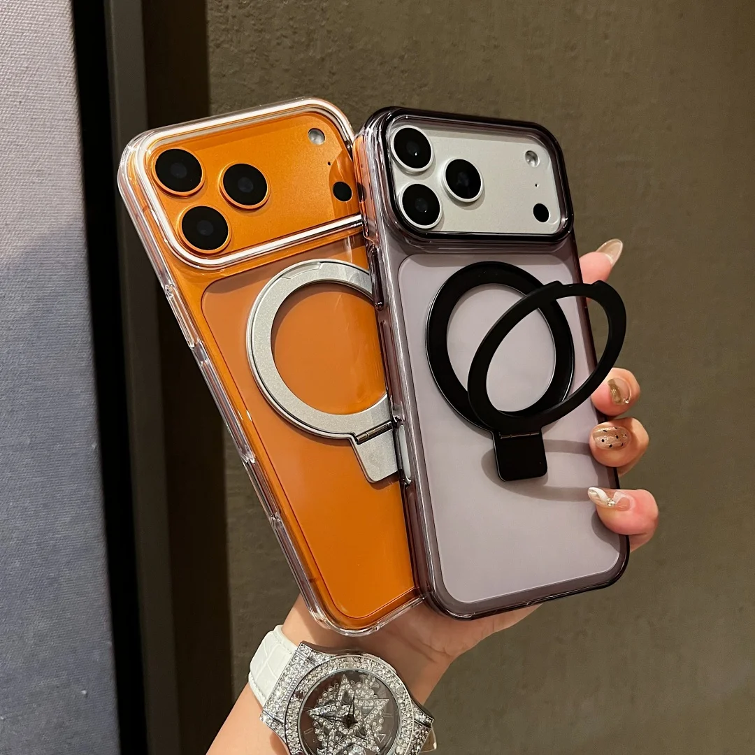 Clear Case for iphone 17 16 Air Pro Max Built-in Magnet Contrast Color Metal Stand Raised Lens Lips Protection Soft TPU Case - Image 3