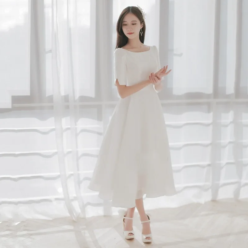 Elegant O-Neck A Line Wedding Dresses For Women Short Sleeves Bridal Gown Simple Tea-length Bride Dress Wedding Shooting Dresses