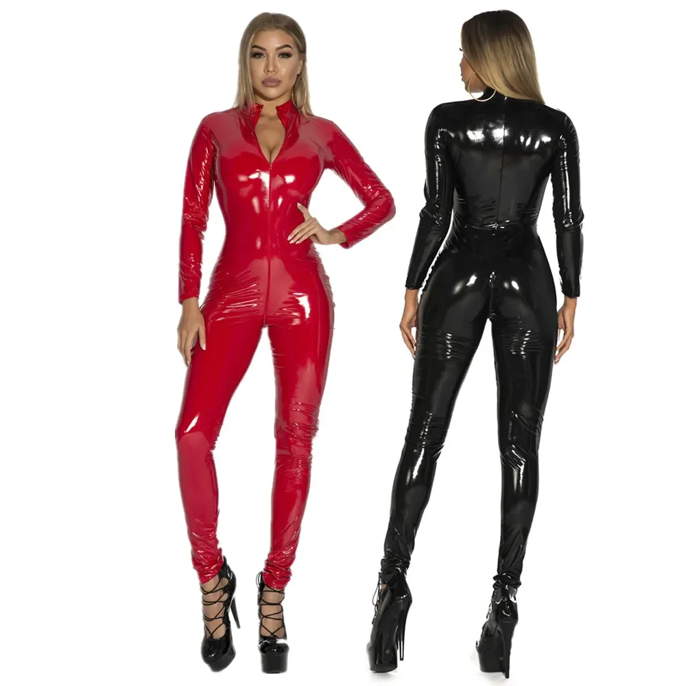 Plus Size S-5XL Women Sexy Latex Catsuit Black Wetlook Full Bodysuit PVC Jumpsuit Clubwear Faux Leather Costume