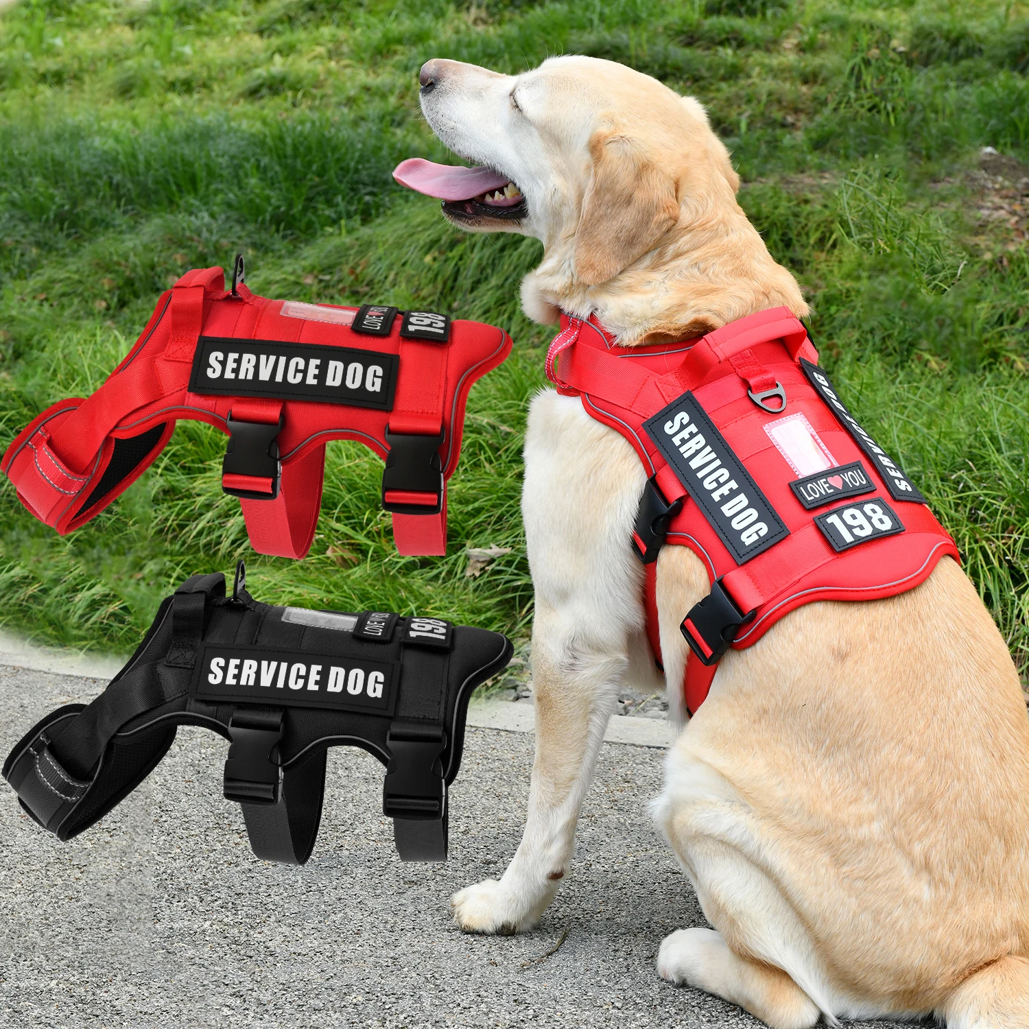 Service-Hundeweste, kein ziehendes Hundegeschirr mit 4 Hundeflicken, reflektierendes Haustiergeschirr mit langlebigem, weich gepolstertem Griff für das Training Med – Detail 1