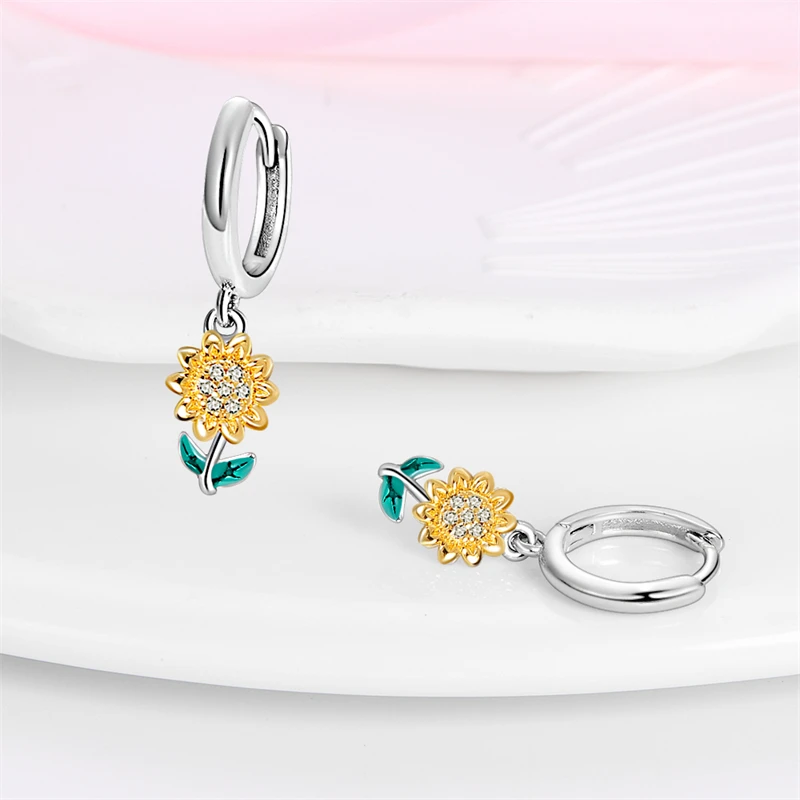 100% 925 Sterling Silver Colorful Warm Sunflowers Double Hoop Earrings For Women Fashion Birthday Party Jewelry Gifts