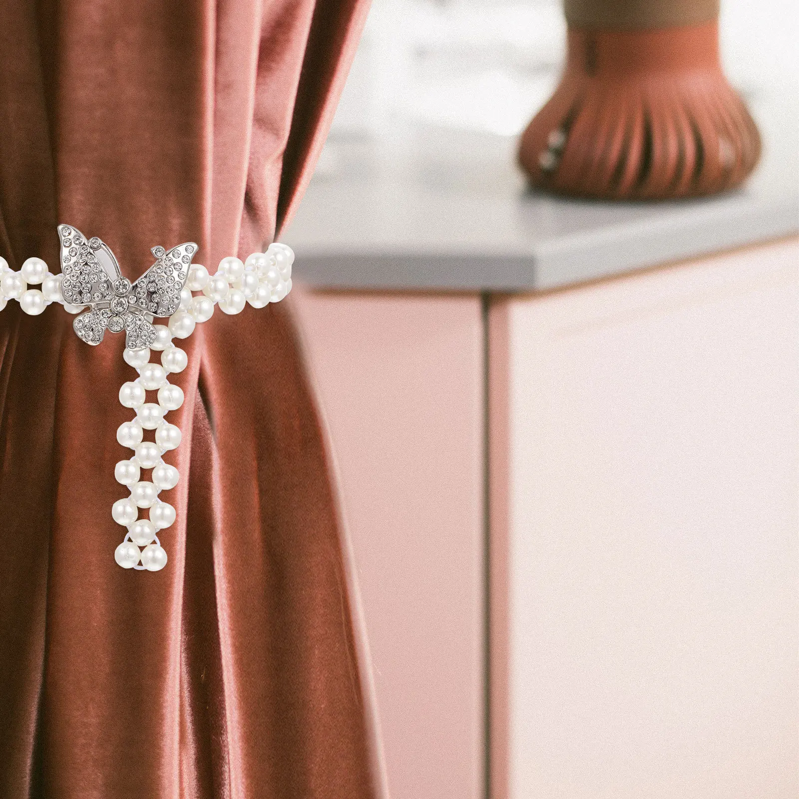 

2Pcs Household Curtain Fixator Fine Craftsmanship Pearl Design Long Lasting Home Use Tying Rope Curtain Fixator