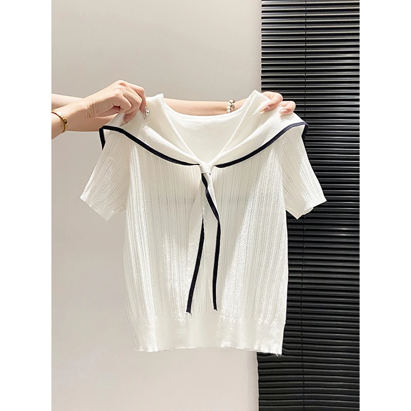 

Женская вязаная рубашка в студенческом стиле с темно-синим воротником и шнуровкой, новинка лета 2026, омолаживающая, стройнящая, элегантная, с коротким рукавом