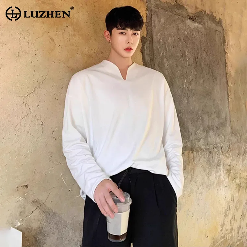 

LUZHEN модные однотонные повседневные футболки с маленьким v-образным вырезом и длинными рукавами, осень 2021, красивые элегантные стильные мужские топы JY3867