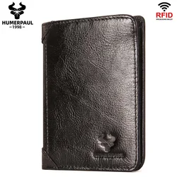 LAREET 100% Genuine Leather Anti-Theft Brush  Wallet For Men Slim Trifold Front Pocket Money Bag Protect Head Layer Cowhide Purs
