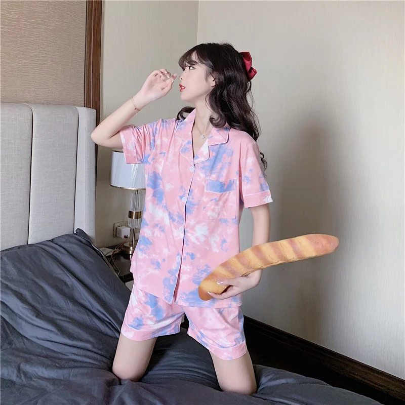 Tie-dyed Printed Nightwear Women Pajama Set Summer Short Sleeve Top and Shorts Suit Casual Loose Homewear Outside Pijamas Set