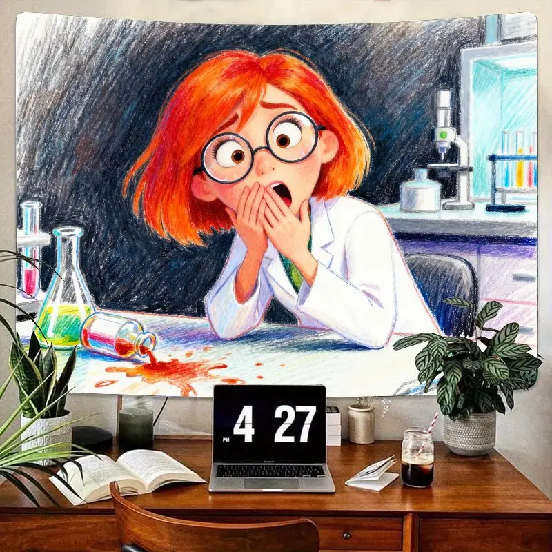 

1 шт. забавный красновошерстный ученый девушка шокированный лабораторный гобелен мишап современный полиэстер настенное искусство колледж декор комнаты в общежитии подарок для подростков