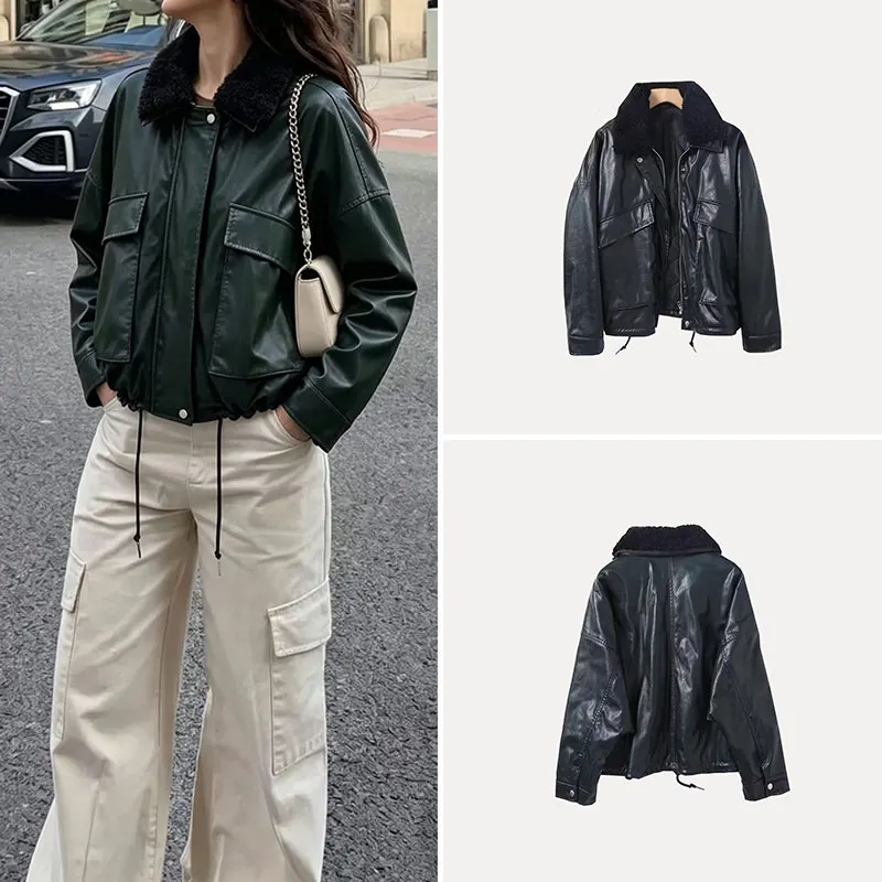 Fashionable Versatile Women's Short Jacket 2026 Summer Casual Style Long Sleeve Zipper Closure Removable Fur Collar Outerwear