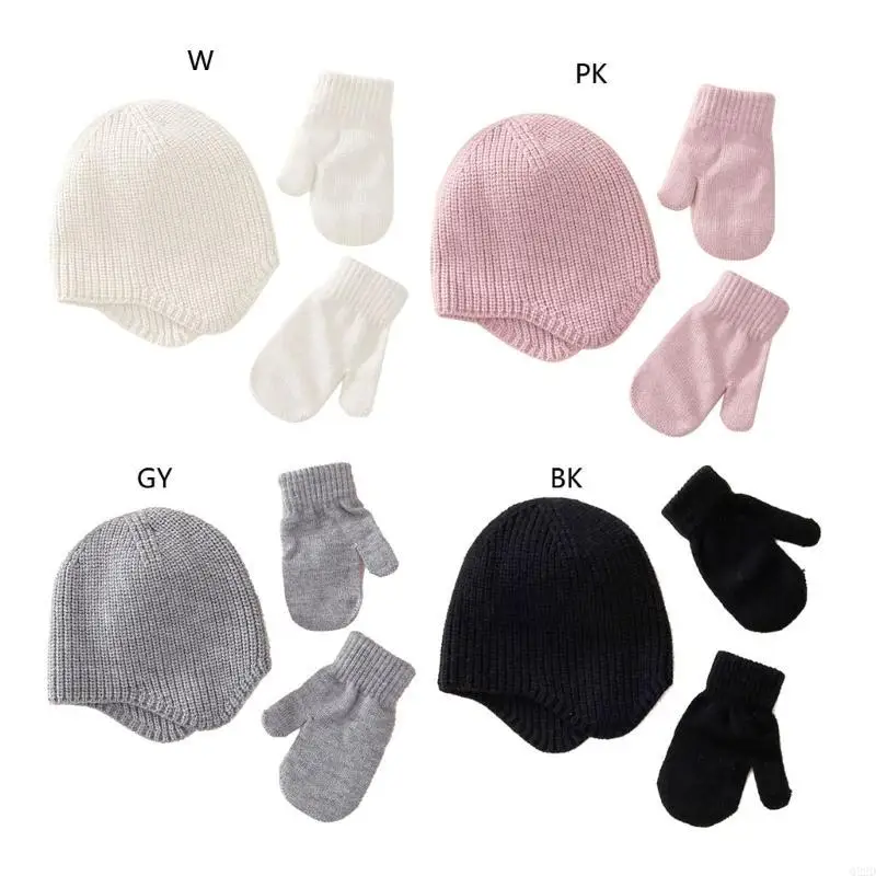 

Q22D Solid Color Newborn Beanie Hat Mitten Set Warm Knitted Cap Hospital Hat for Toddler Girls Boys Ears Protections Hat