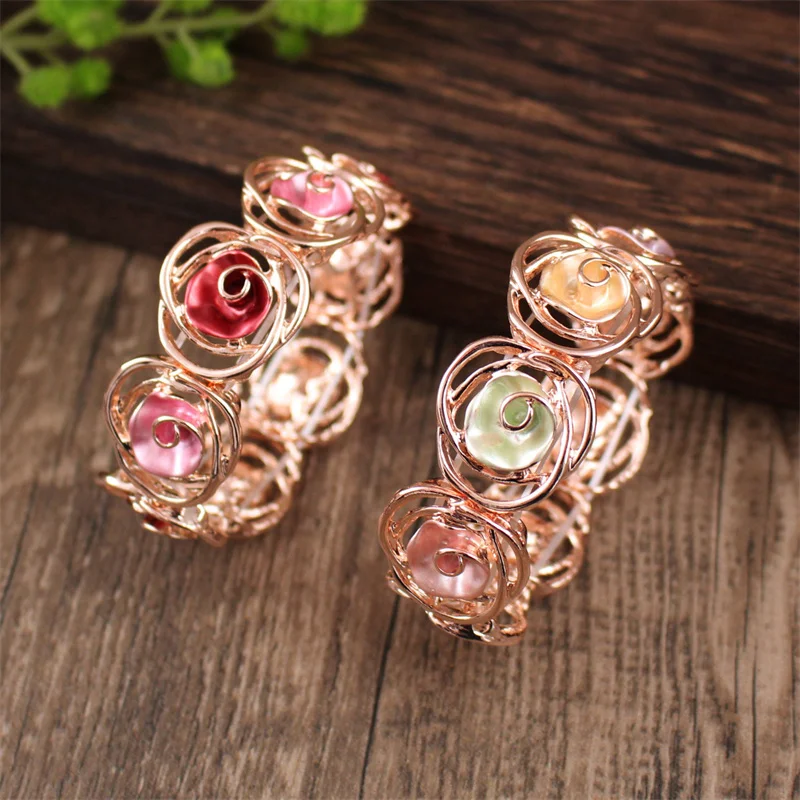 Colorful Oil Painting Geometric Rose Elastic Bracelet Fashionable Versatile Alloy Bangles For Women Ladies  Jewelry Accessories