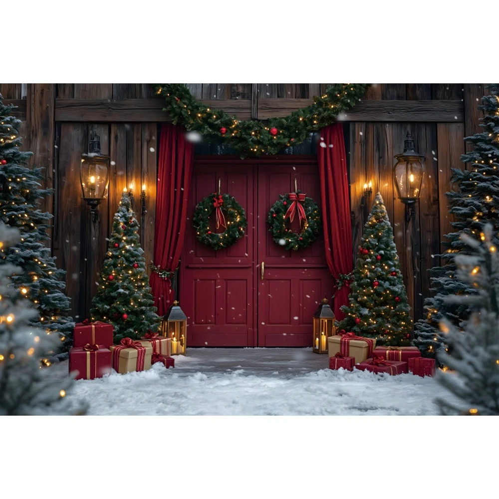 Winter Weihnachten Hintergrund Rote Scheune Holztür Weihnachtsbaum Geschenke Kinder Porträt Familie Party Fotografie Hintergrund Fotostudio
