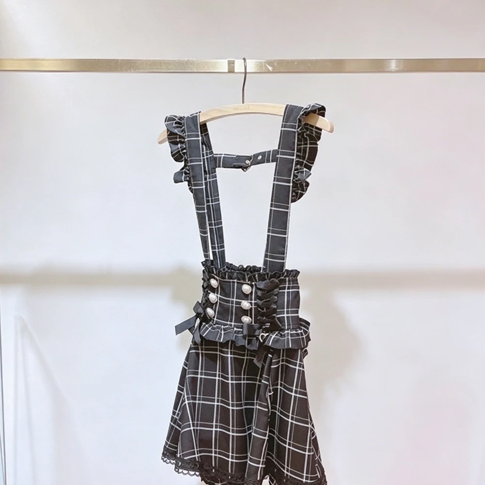 Gothic Lolita Retro Bow Pearl Buckle Ruffles Suspender Skirts Y2K Japanese Girls Sweet Kawaii Woman's Lace A-Line Mini Skirts view 3