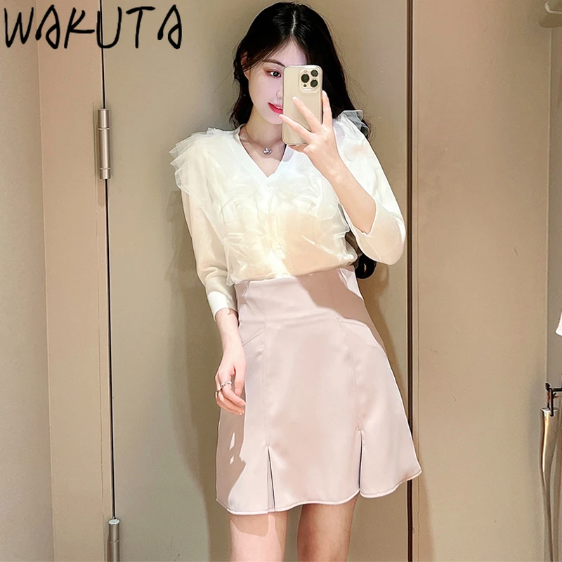 

Wakuta 2024 Japanese V Neck Pull Femme Knitted Pullover Ruffles Mesh Patchwork Solid Color Jumpers Long Sleeve Slim Sweaters