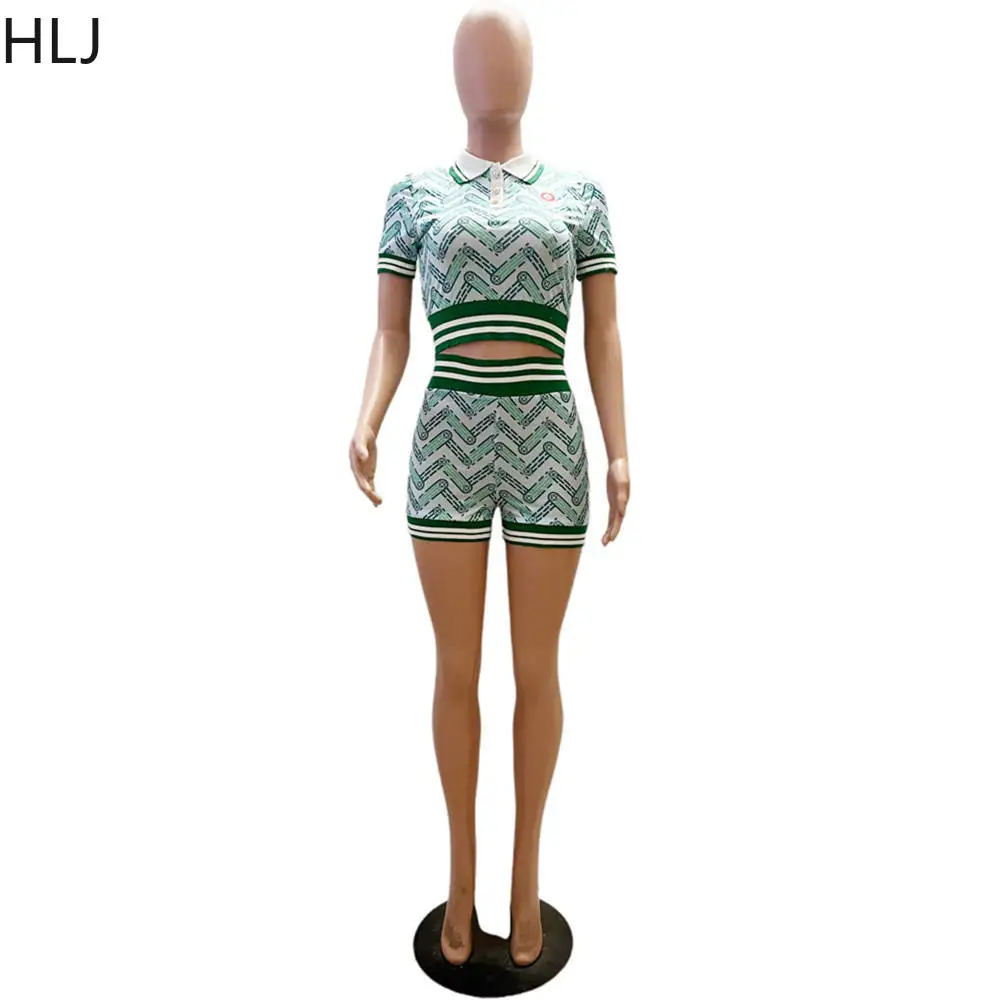 HLJ Blue Summer Printing Shorts Two Piece Sets Women Polo Nack Crop Top And Shorts Outfits Fashion Y2K Matching 2pcs Streetwear