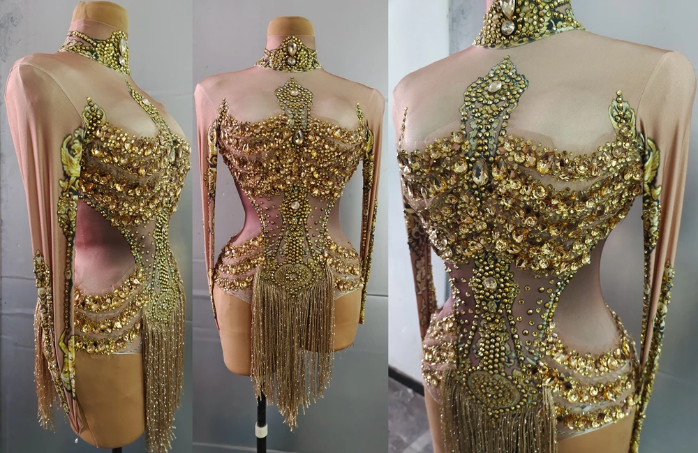 Leotardo dorado de espectáculo de cantante, traje de baile de actuación con diamantes de imitación, ropa de escenario, traje de Club, mono Sexy con borla