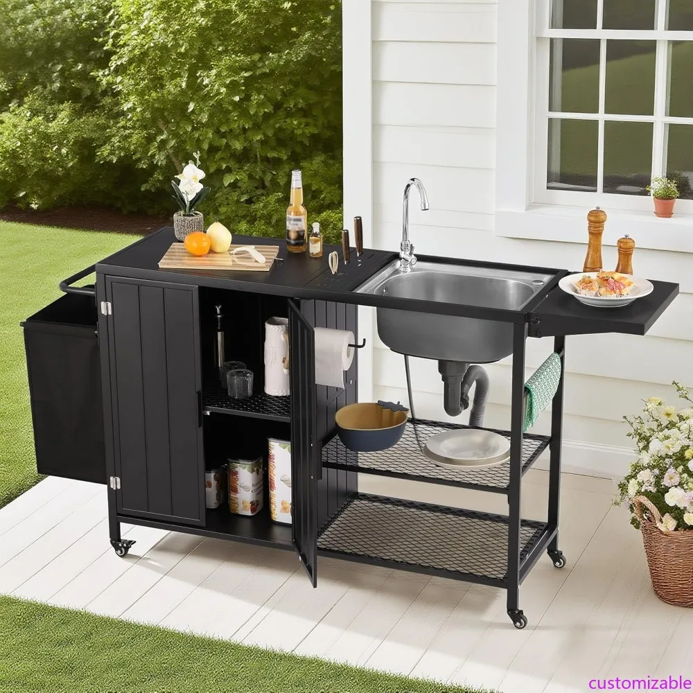 

Stainless Steel Outdoor Grill Table with Rolling Kitchen Island and Cabinet