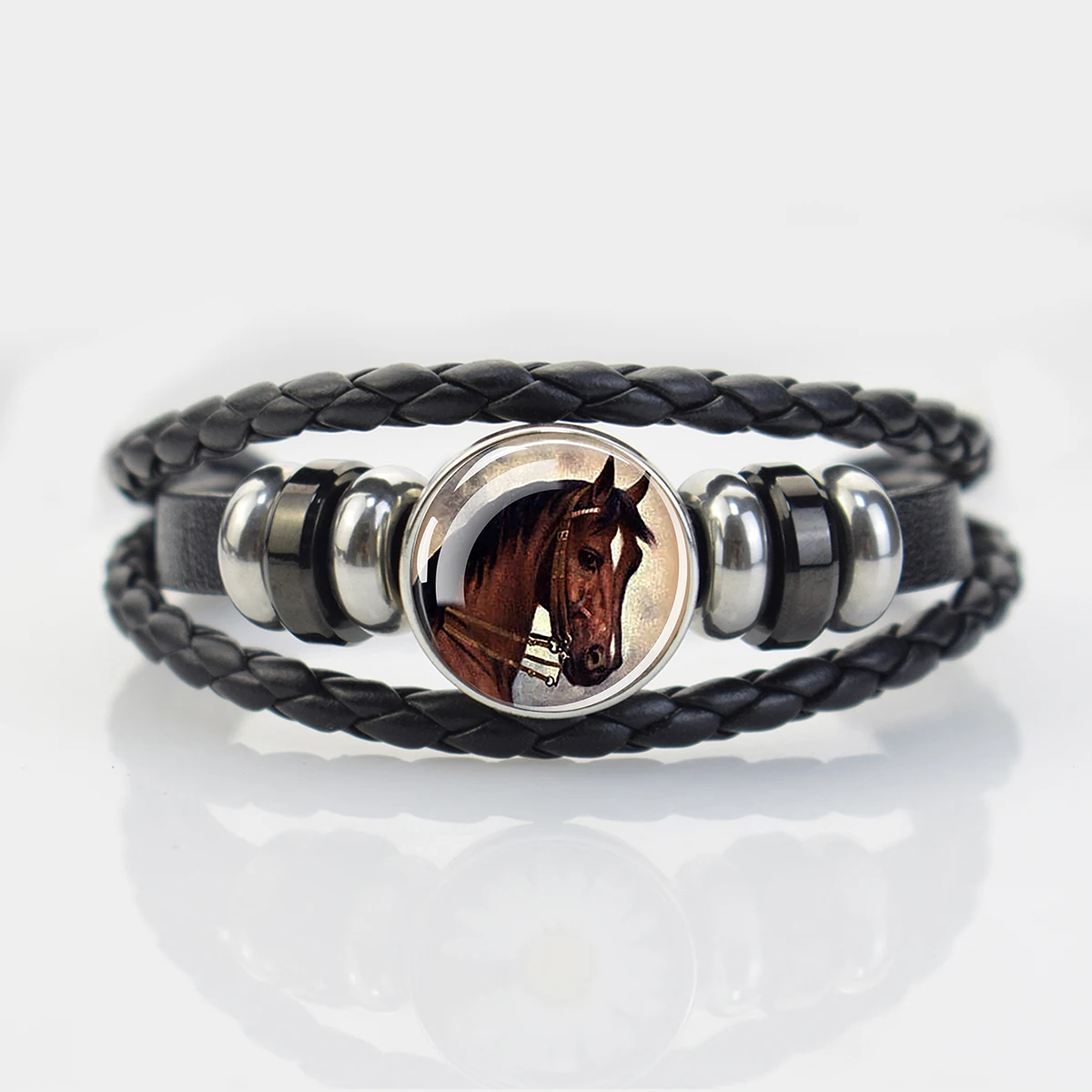 Horse Head Pattern Black Leather Bracelet Men Wrap Bracelet Horse-riding Lovers Gift