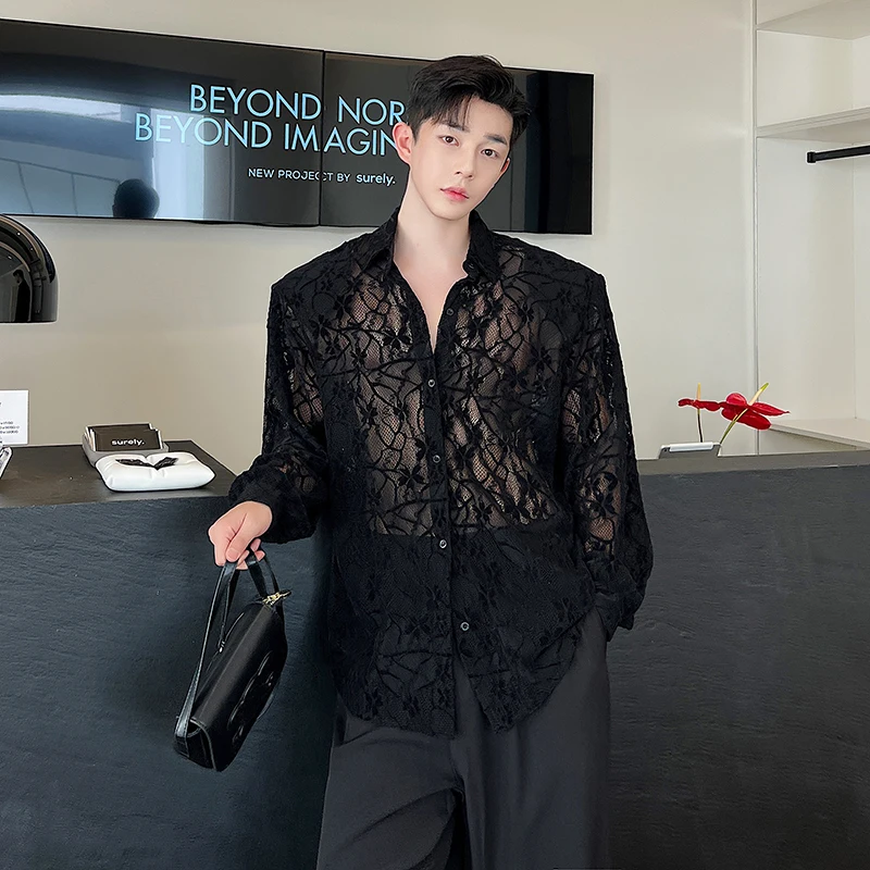 Black Transparent Gauze Shirt Men Handsome Fashion Casual Streetwear Loose Long Sleeve Turn-down Collar Blouse Men's Clothing