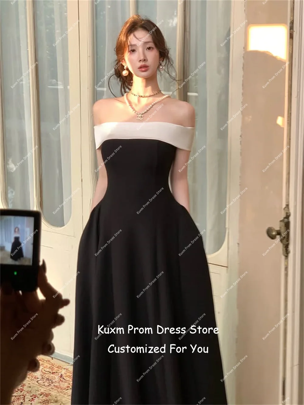 Kuxm Satin Korean Elegant A Line Evening Dresses Strapless Formal Prom Gowns Off The Shoulder Floor Length Dress Customized