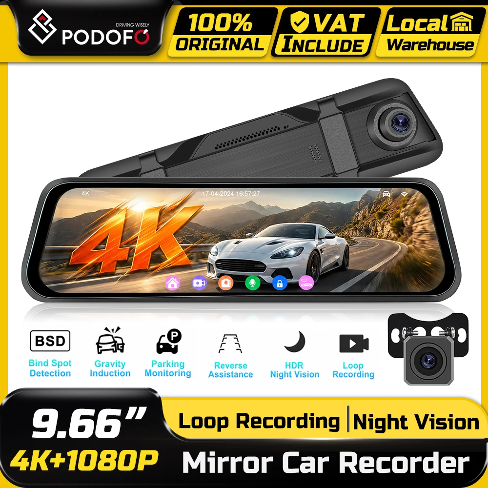 Podofo 4K Dashcam 9,66'' Spiegel-Autokamera Rückfahrkamera Videorekorder Nachtsicht Schleifenaufnahme G-Sensor 24H Parküberwachung
