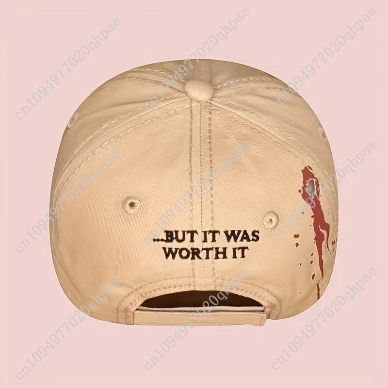 

Edgy Baseball Cap with Bullet Hole Graphic - Beige & Red Crime scene Hat Featuring "MAIN HEAD TRAUMA"