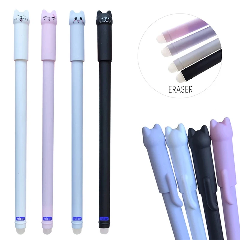 Cute Kitten Erasable Gel Pen with Eraser 0.5mm Blue Black Magic Ink Smooth Writing Kawaii School Office Writing Stationery Gifts