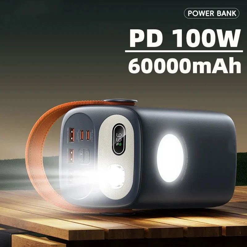 

2026unique Portable 100W Power Bank 60000mAh Capacity Smart Digital Display Retractable Auto Lighting SOS Mode Waterproof for Ou