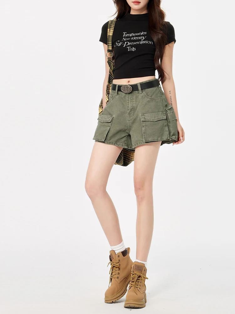 High Waist American Style Denim Shorts Women's Multi Pocket Military Green Slim A-Line Hot Pants Casual Wide Leg Jeans
